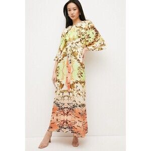 Karen Millen Mirrored Tulipa Print Satin Maxi Dress Sz 12 Cut Out Back